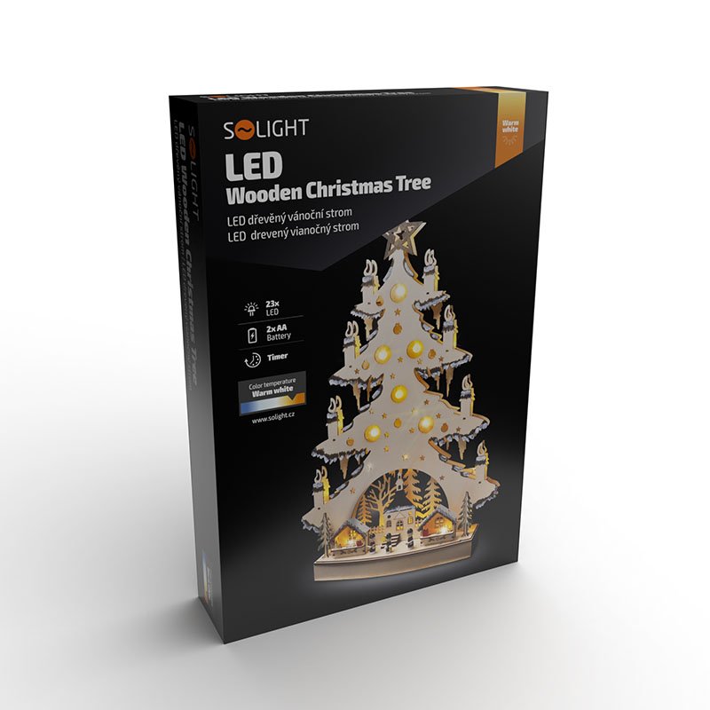 Solight LED drevený vianočný stromek s dekoráciami, 23x LED, prírodná farba, 64cm, 2x AA - Image 12