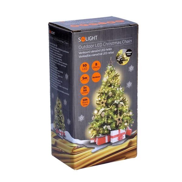 Solight LED vonkajšia vianočná reťaz, 50LED, 5m, 3m prívod, 8 funkcií, IP44, 3x AA, teplá biela - Image 2