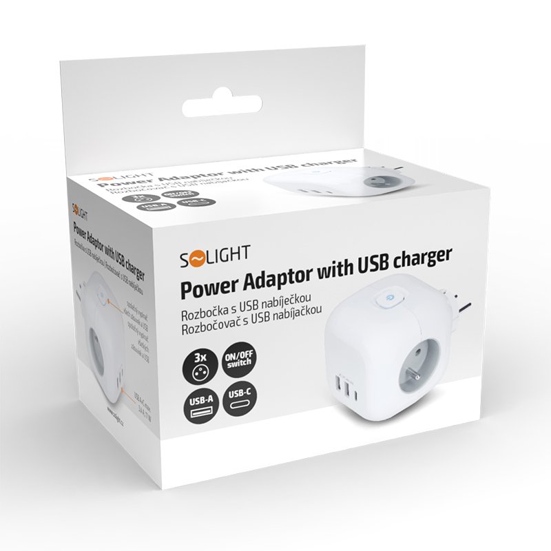Solight rozbočka kocka, 3x 16A + USB A+C, biela, vypínač - Image 2