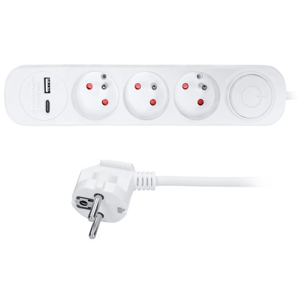 Solight 3z predlžovací prívod s USB A+C nabíjačkou 2,4A, 2m, 3 x 1mm2, biely, vypínač