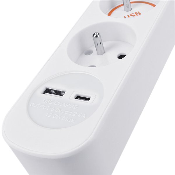 Solight 3z predlžovací prívod s USB A+C nabíjačkou 2,4A, 2m, 3 x 1mm2, biely, vypínač - Image 2