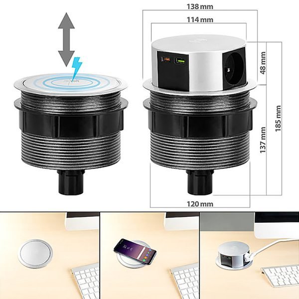 Solight 3z + USB A+C 20W PD, Wireless 10W, výsuvný blok zásuviek, 2m,  strieborný - Image 3