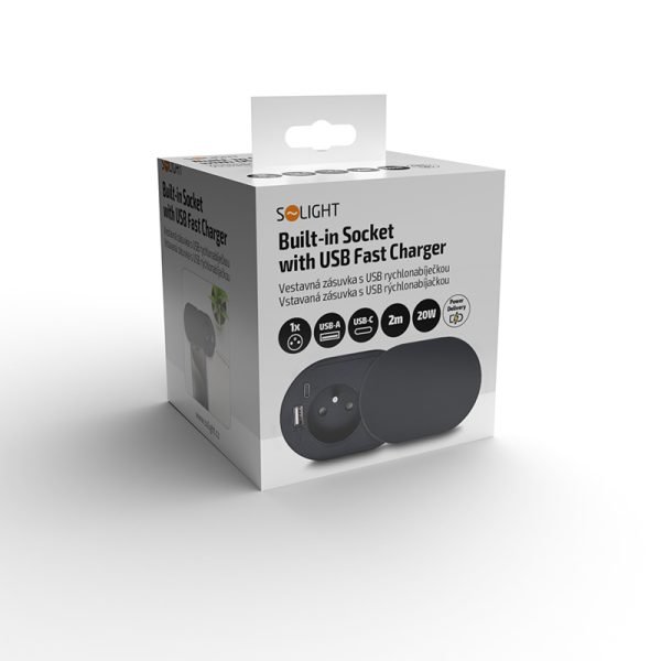 Solight 1z + USB A+C 20W PD vstavaná zásuvka s posuvným viečkom, 2m, matná čierna - Image 11