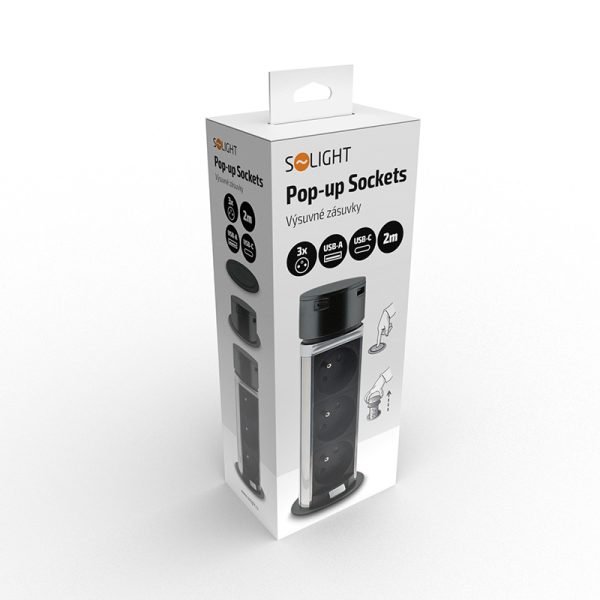 Solight 3z + USB A+C výsuvný blok zásuviek, 2m, čierny - Image 2