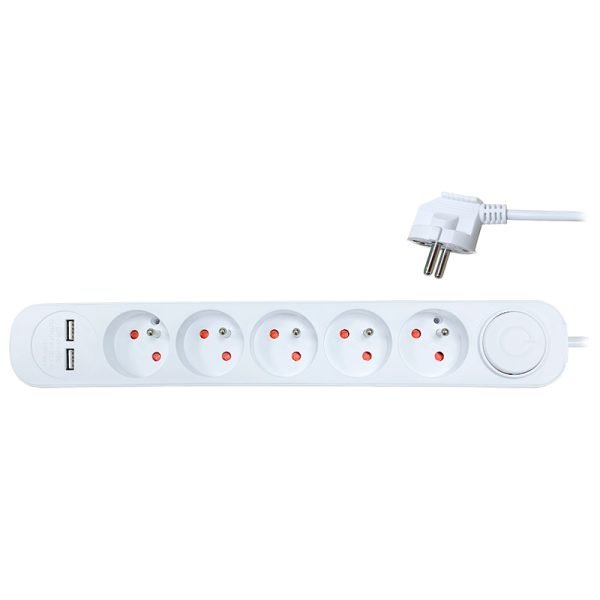 Solight predlžovací prívod 5 zásuviek, USB A+A nabíjačka 12W, 3m, 3 x 1mm2, biely, vypínač