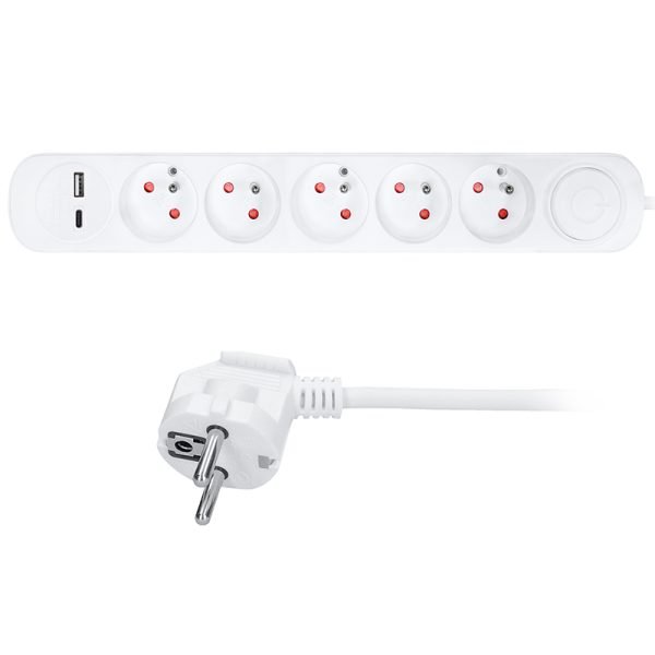 Solight predlžovací prívod 5 zásuviek, USB A+C nabíjačka 12W, 3m, 3 x 1mm2, biely, vypínač