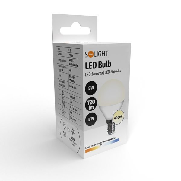 Solight LED žiarovka, miniglobe, 8W, E14, 4000K, 720lm, biele prevedenie - Image 4